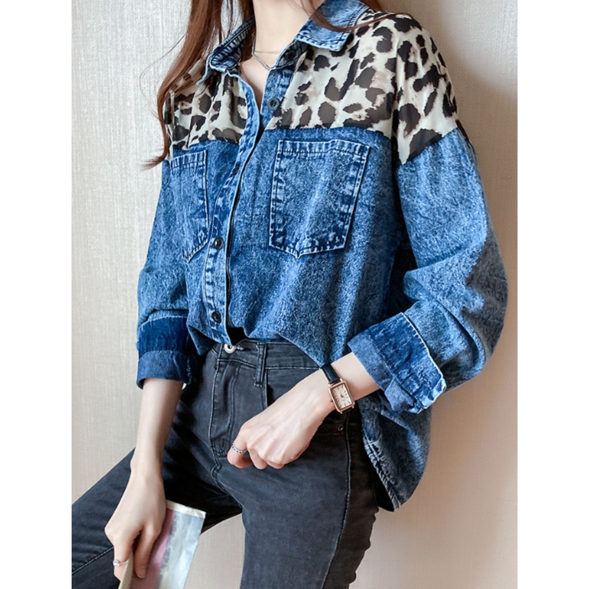 Shirts/レオパード切替デニムシャツ ST/No.22109