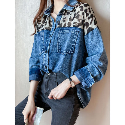 Shirts/レオパード切替デニムシャツ ST/No.22109