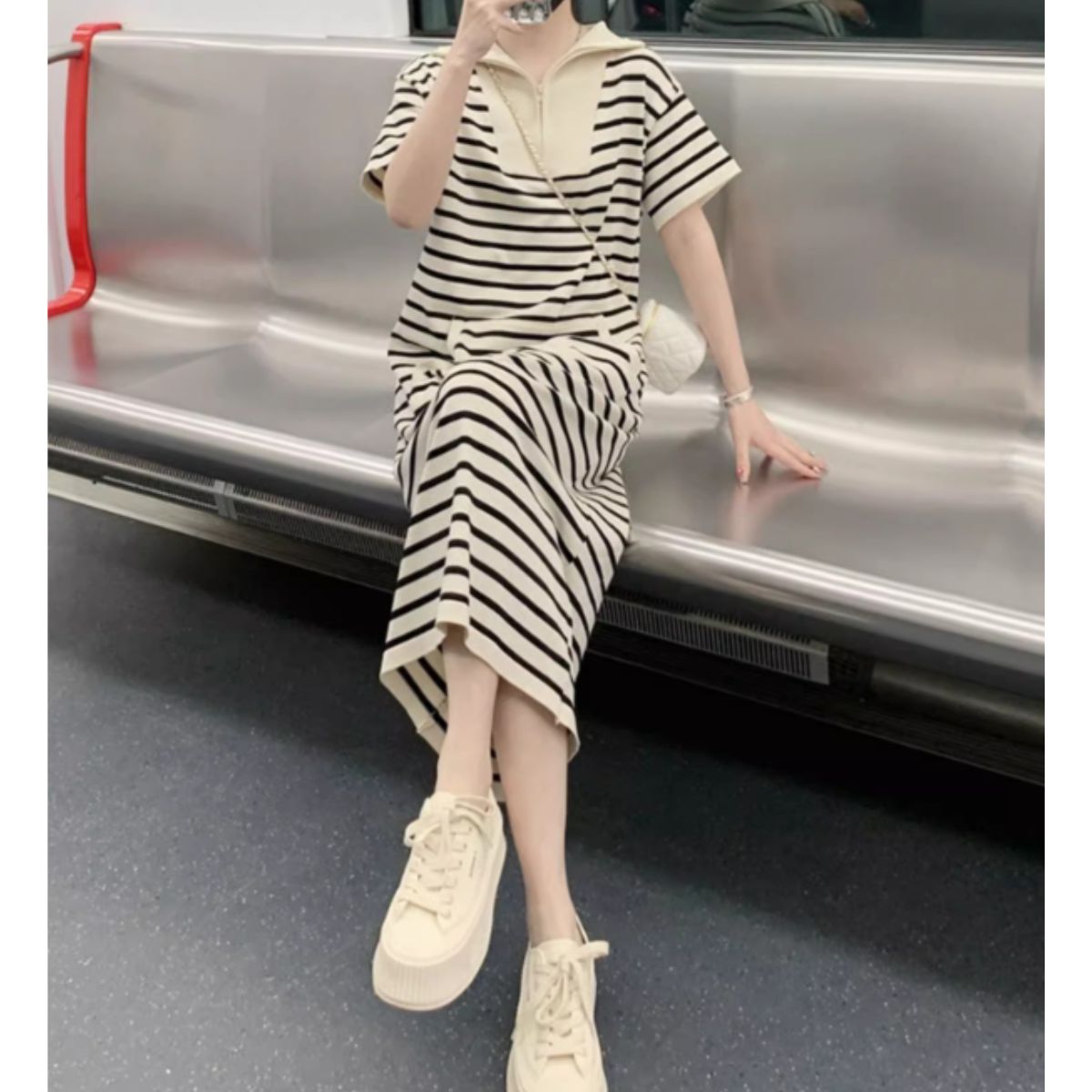 Dress/ハーフジップボーダーワンピース ST/No.22114