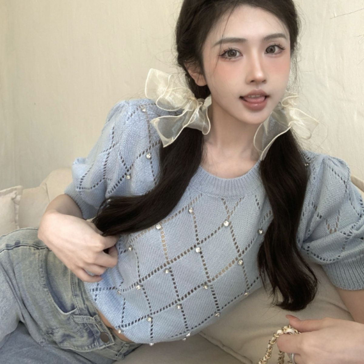 Knit/ダイヤ柄ビジューサマーニット ST/No.22134