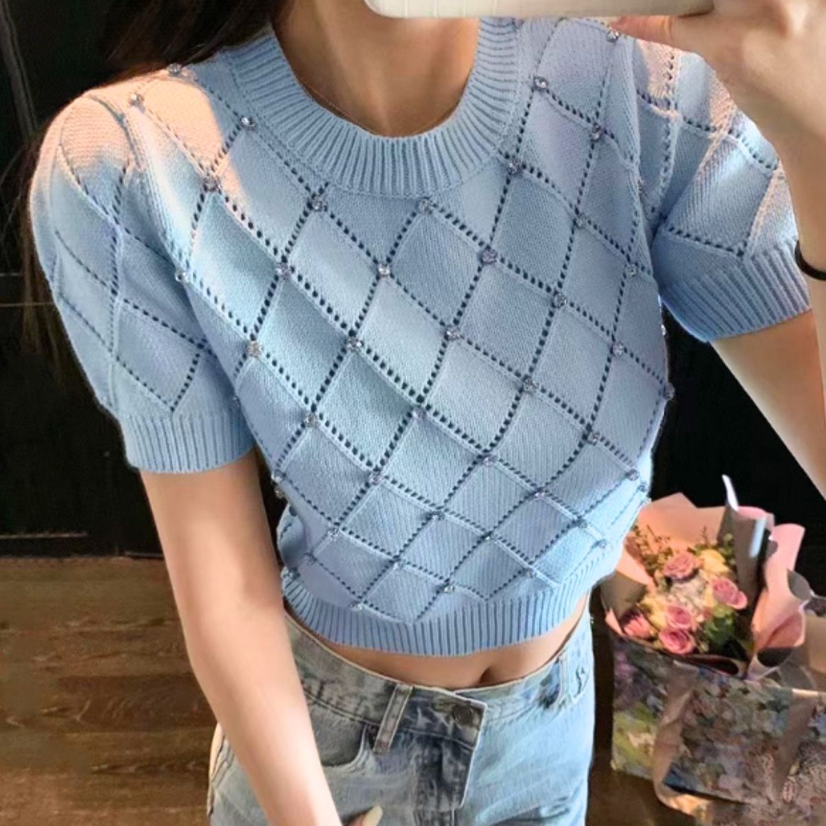 Knit/ダイヤ柄ビジューサマーニット ST/No.22134