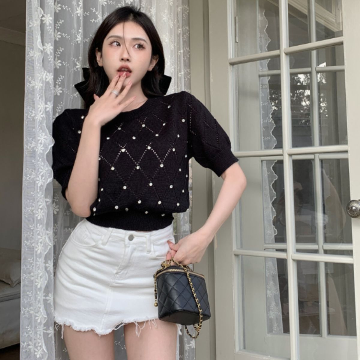 Knit/ダイヤ柄ビジューサマーニット ST/No.22134