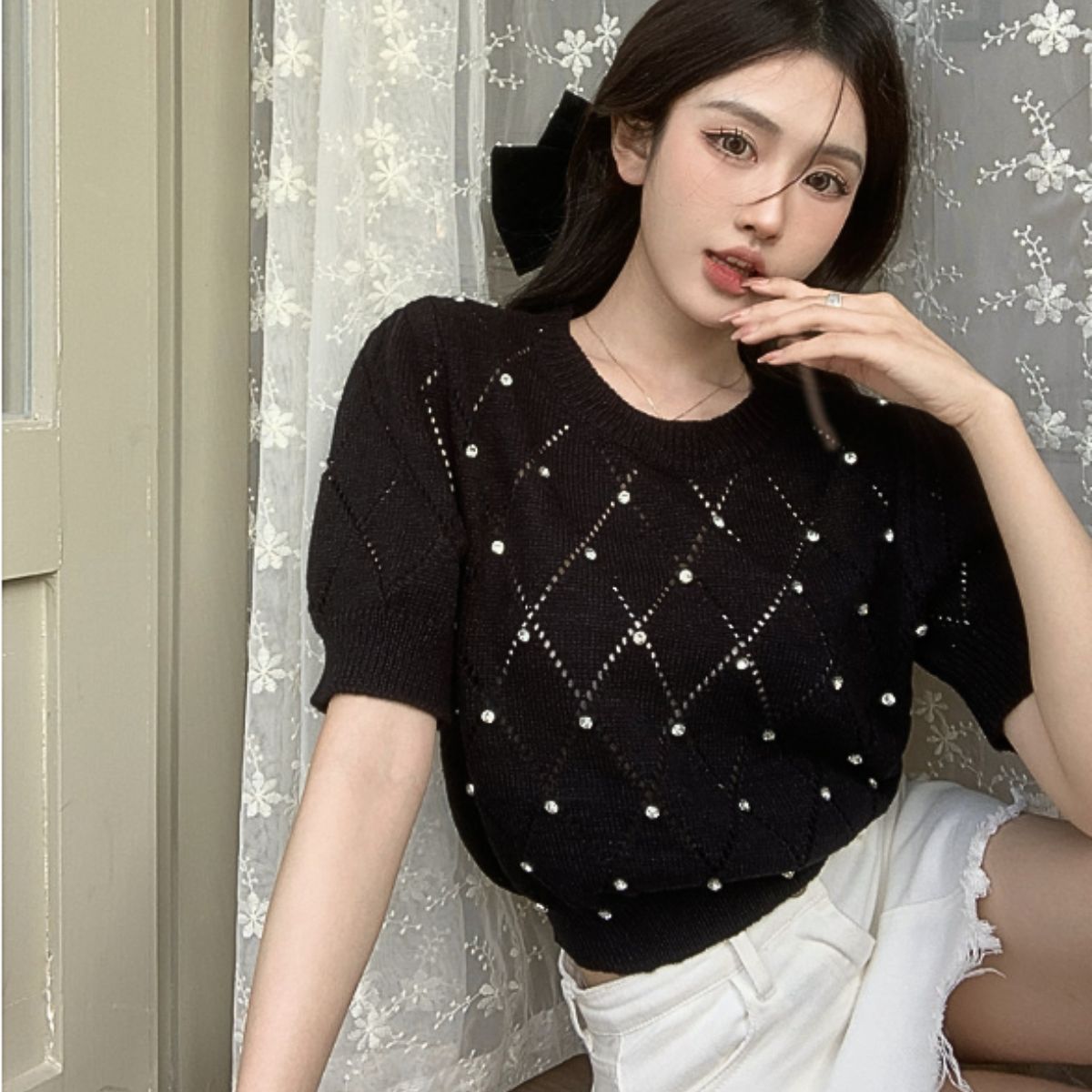 Knit/ダイヤ柄ビジューサマーニット ST/No.22134