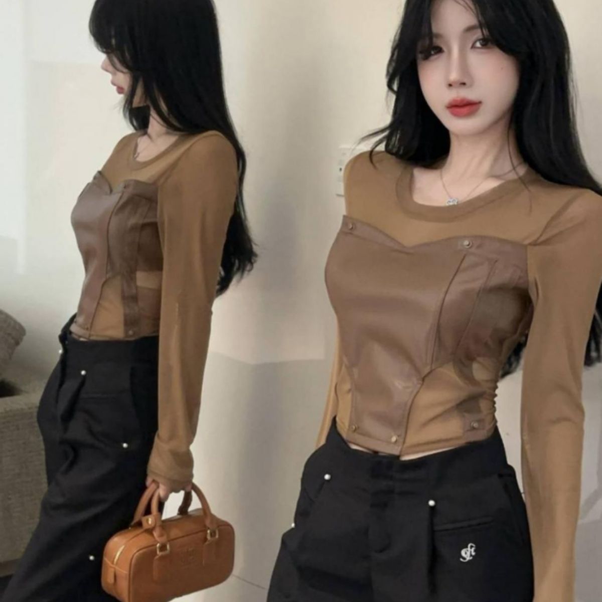 Ann Demeulemeester 変形異素材切り替えトップス　レザー Ann Demeulemeester 変形異素材切り替えトップス レザー レディース