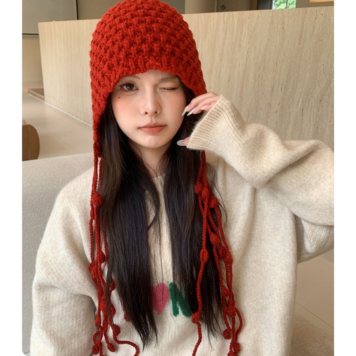 Hat/ポンポン紐付きニット帽 ST/No.22215
