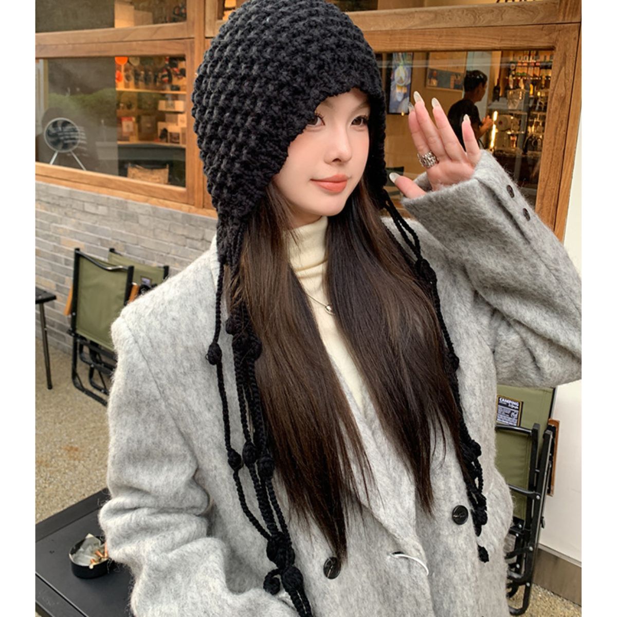 Hat/ポンポン紐付きニット帽 ST/No.22215