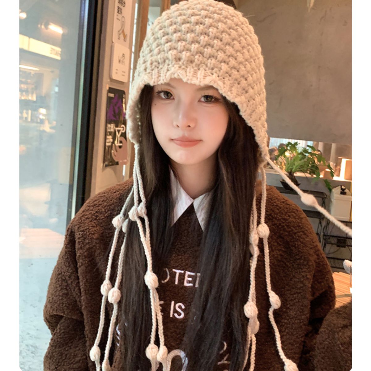 Hat/ポンポン紐付きニット帽 ST/No.22215