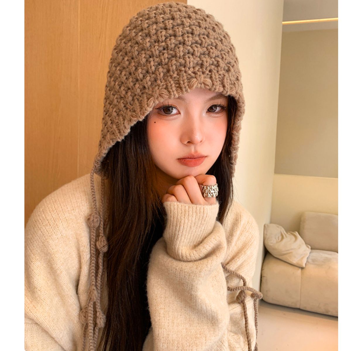Hat/ポンポン紐付きニット帽 ST/No.22215