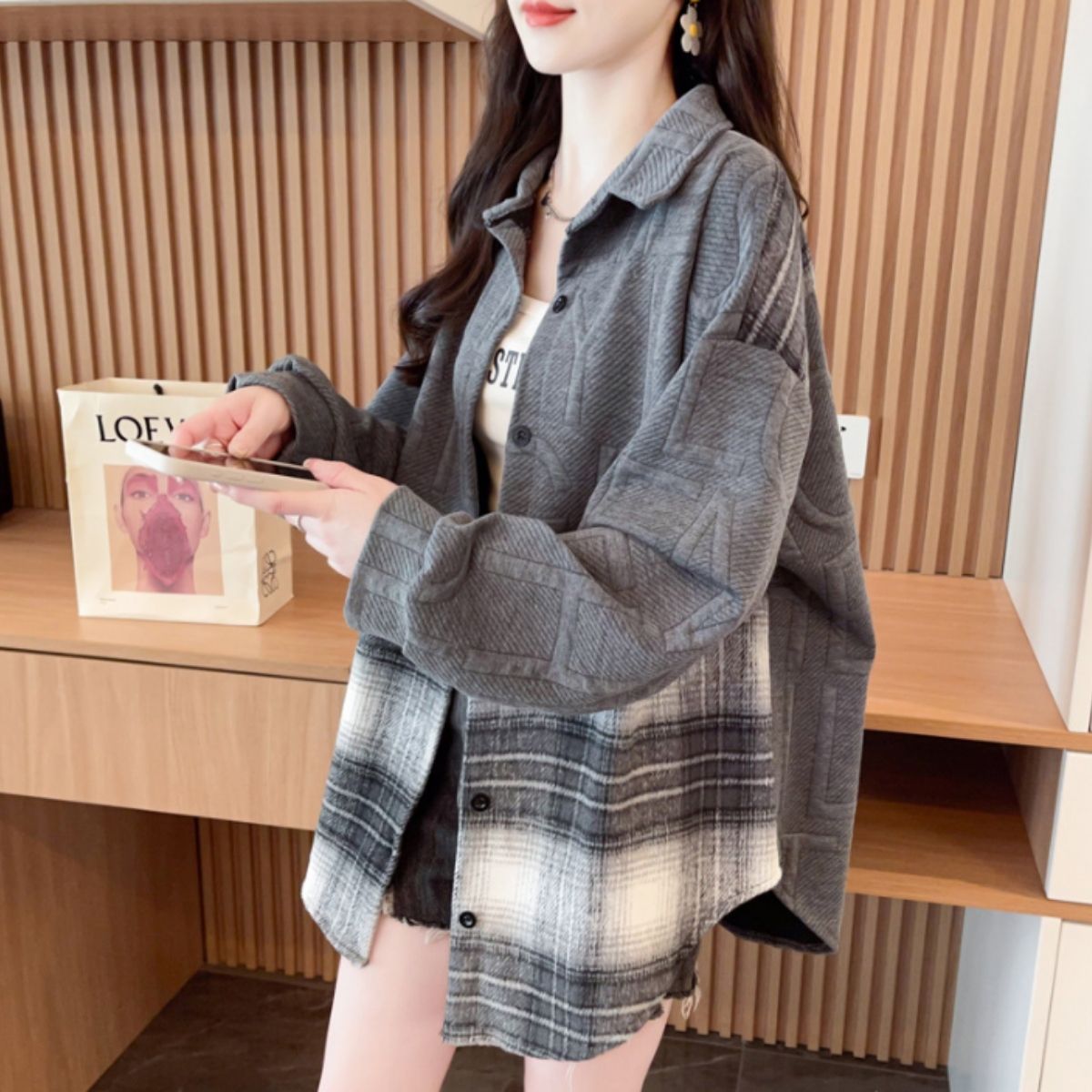 Shirts/ロゴ×チェック切替シャツアウター ST/No.22291