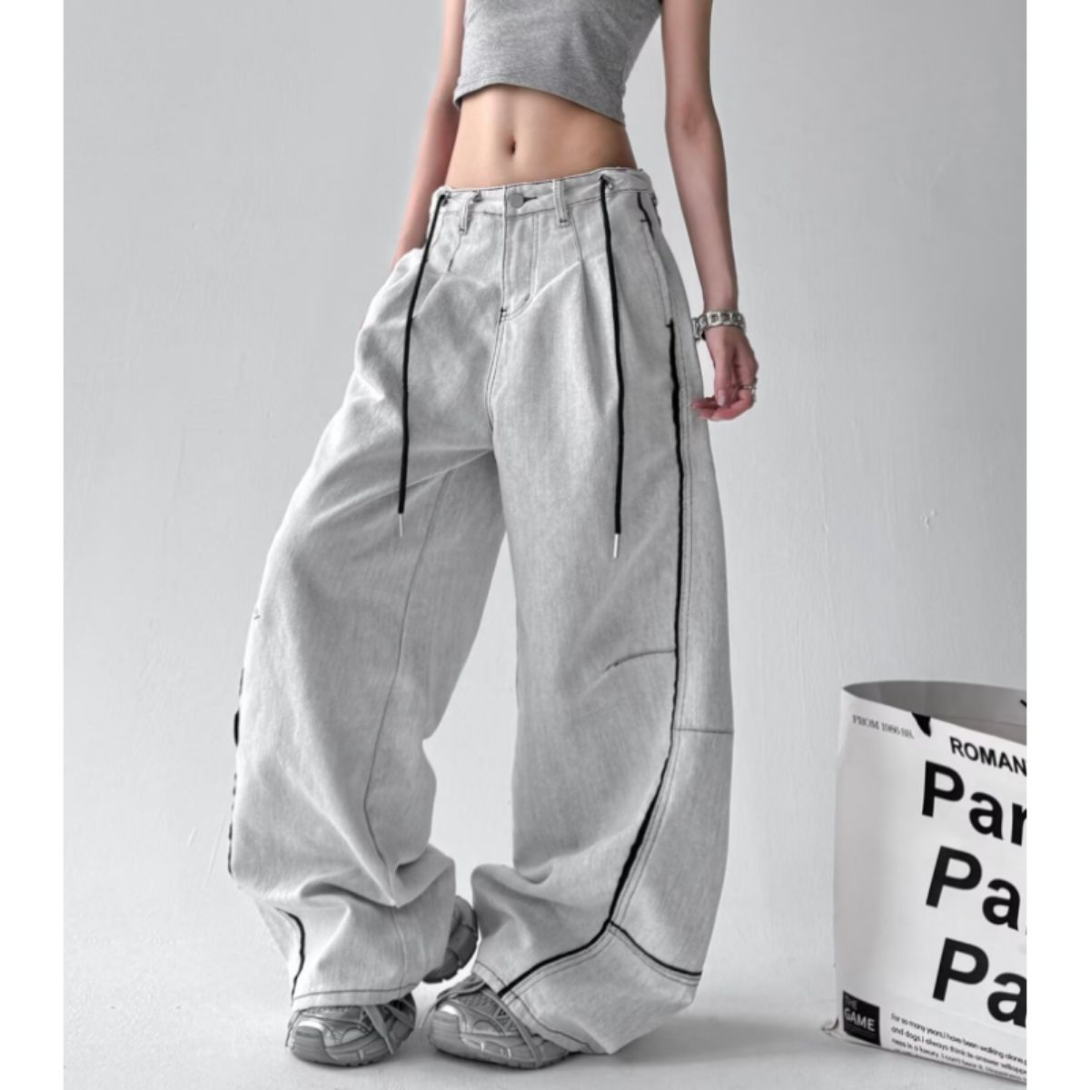 OFF-WHITE バイカラー デニムパンツ 29 ワイドデニムパンツ リバース仕様 グレー ハイウエスト ストリート Y2K
