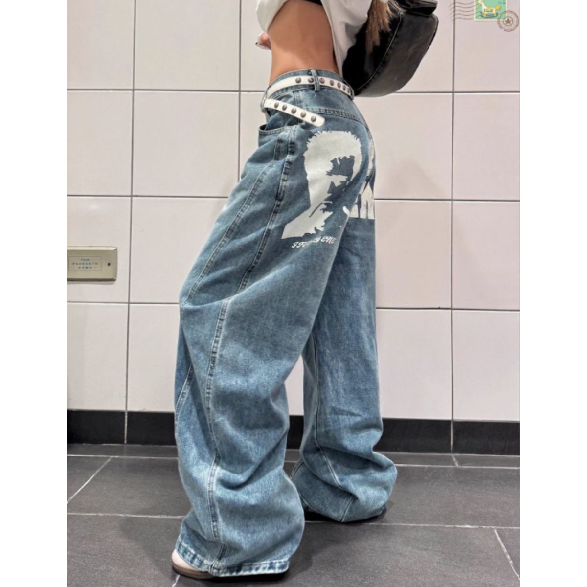 バックプリントデニムパンツ ワイドデニム Y2K ルーズ 個性派