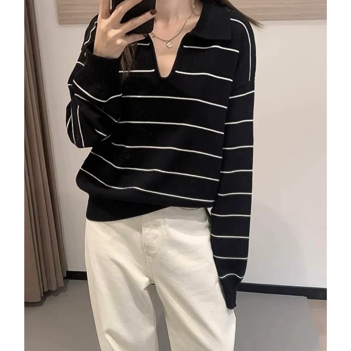 Knit/Vネックボーダーニットトップス ST/No.22305