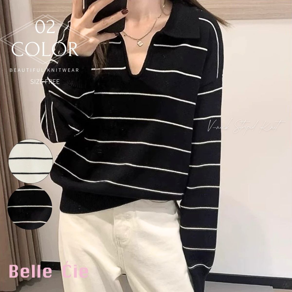 Knit/Vネックボーダーニットトップス ST/No.22305