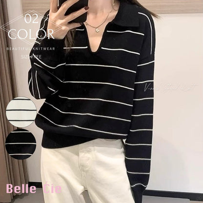 Knit/Vネックボーダーニットトップス ST/No.22305