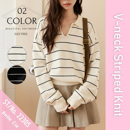 Knit/Vネックボーダーニットトップス ST/No.22305