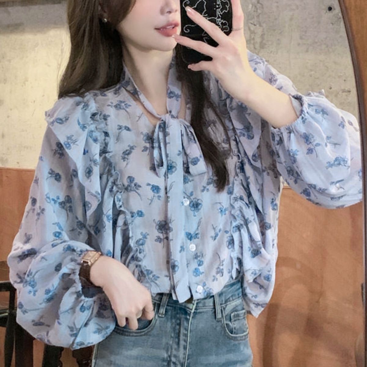 Blouse/レトロフラワーフリルブラウス ST/No.22326