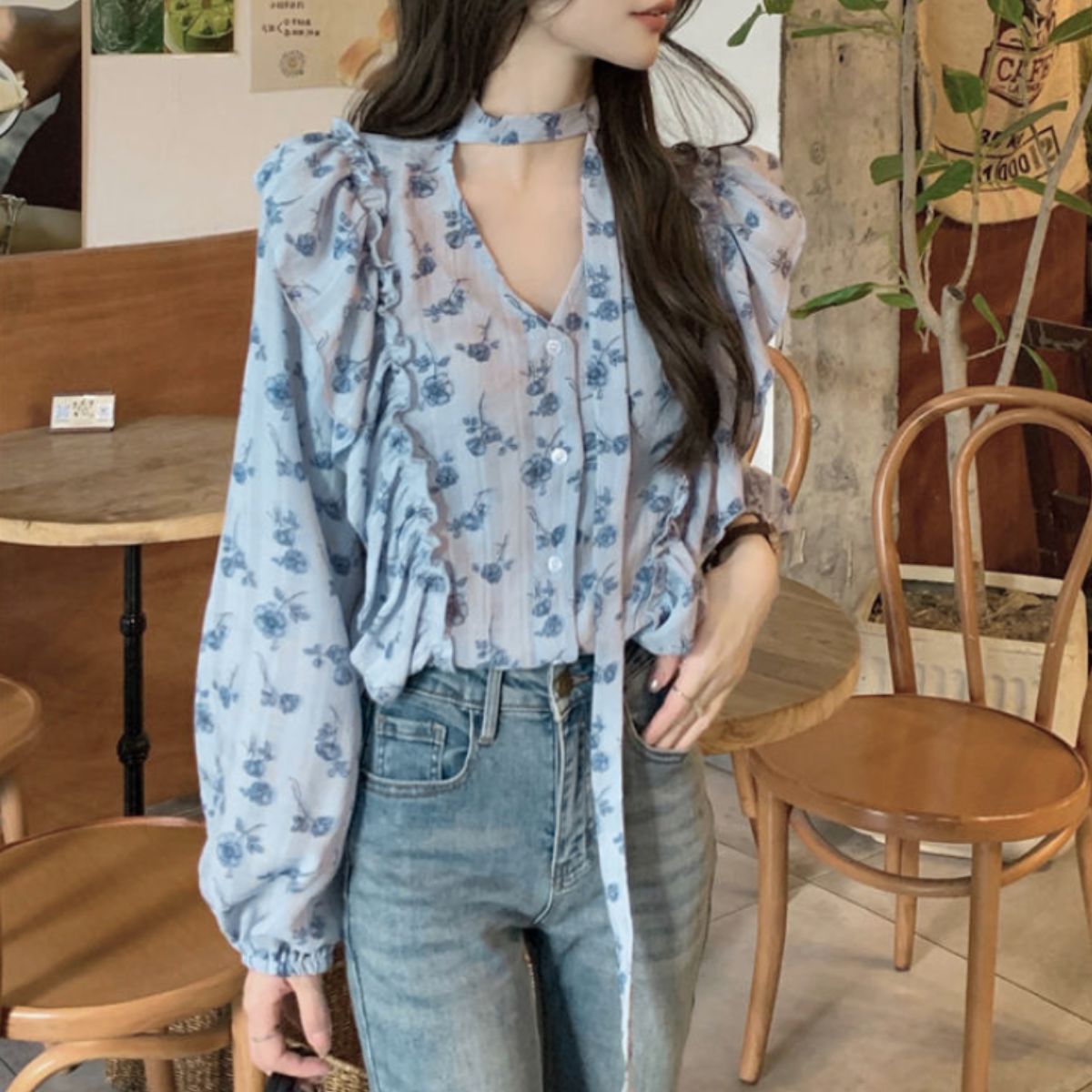 Blouse/レトロフラワーフリルブラウス ST/No.22326