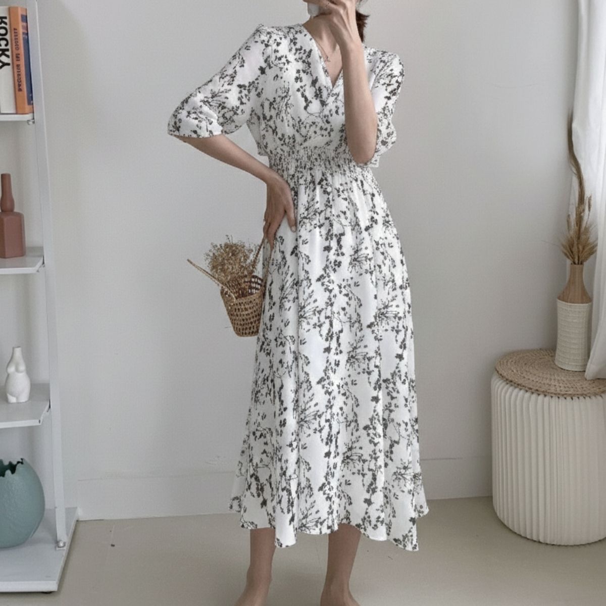 花柄ワンピース シフォン ロング丈 Vネック フレア マキシ 総柄