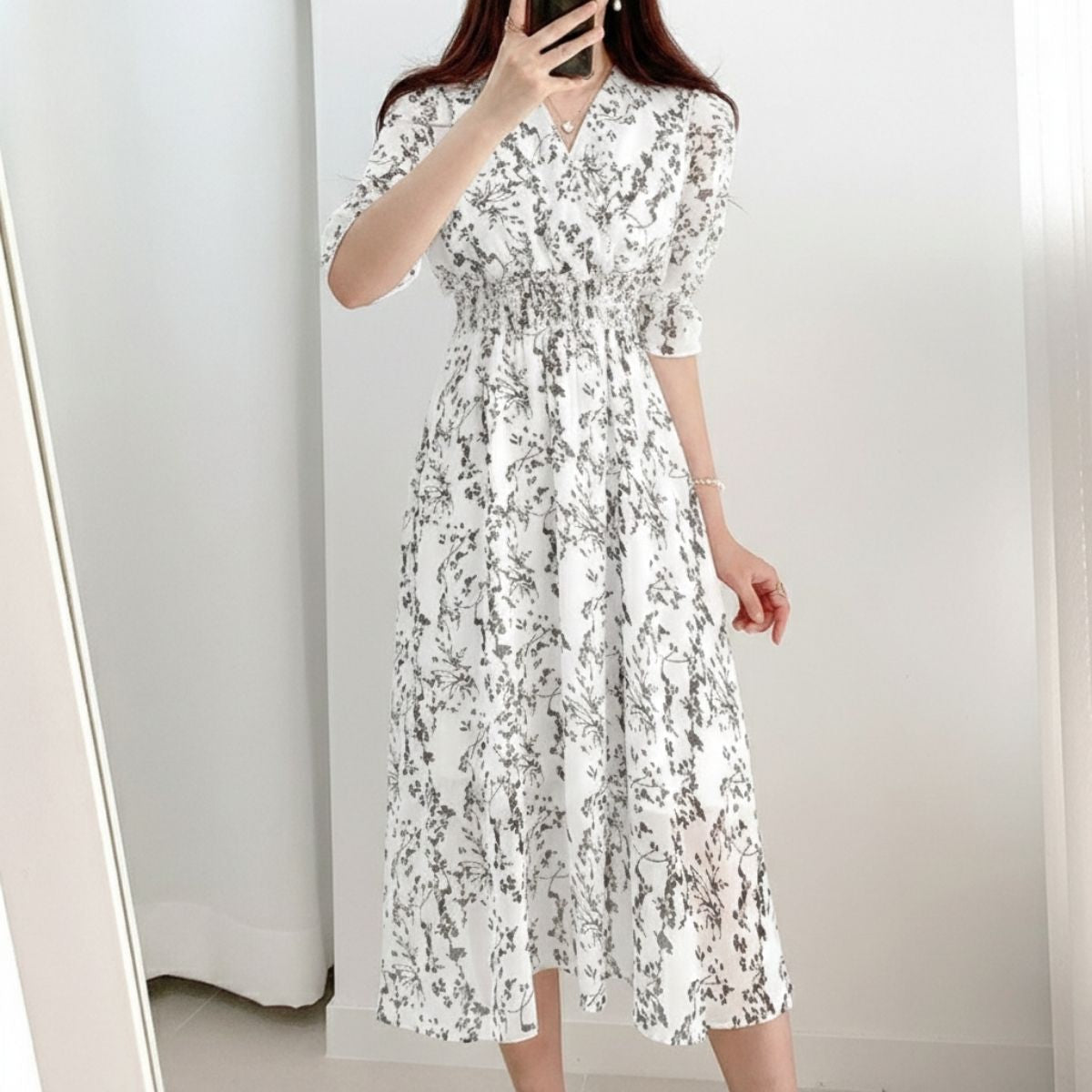 花柄ワンピース シフォン ロング丈 Vネック フレア マキシ 総柄