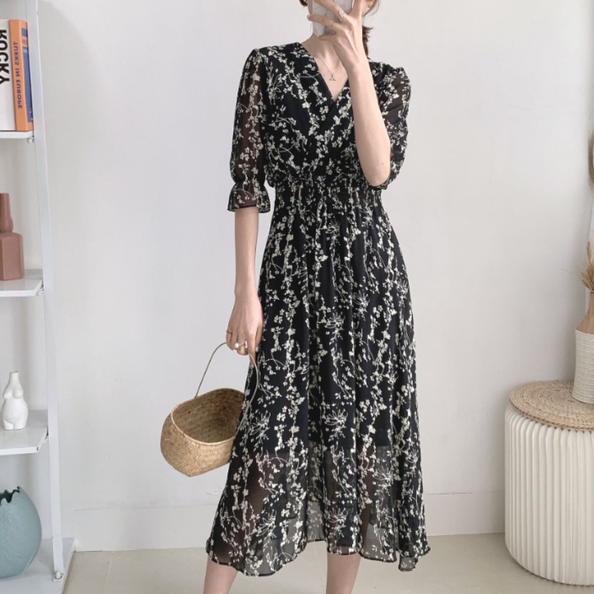 花柄ワンピース シフォン ロング丈 Vネック フレア マキシ 総柄