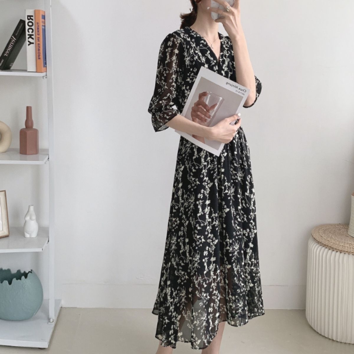 花柄ワンピース シフォン ロング丈 Vネック フレア マキシ 総柄