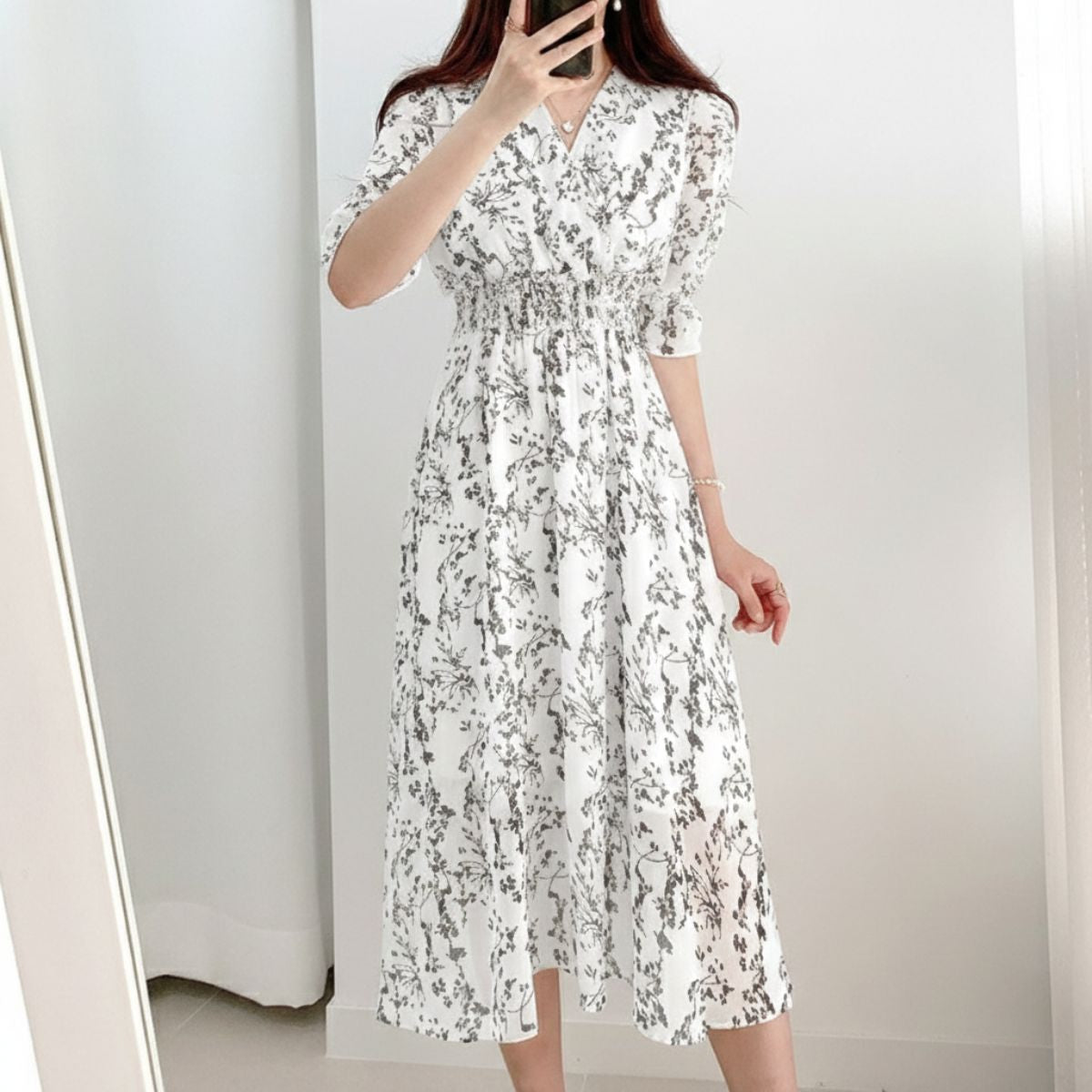 花柄ワンピース シフォン ロング丈 Vネック フレア マキシ 総柄