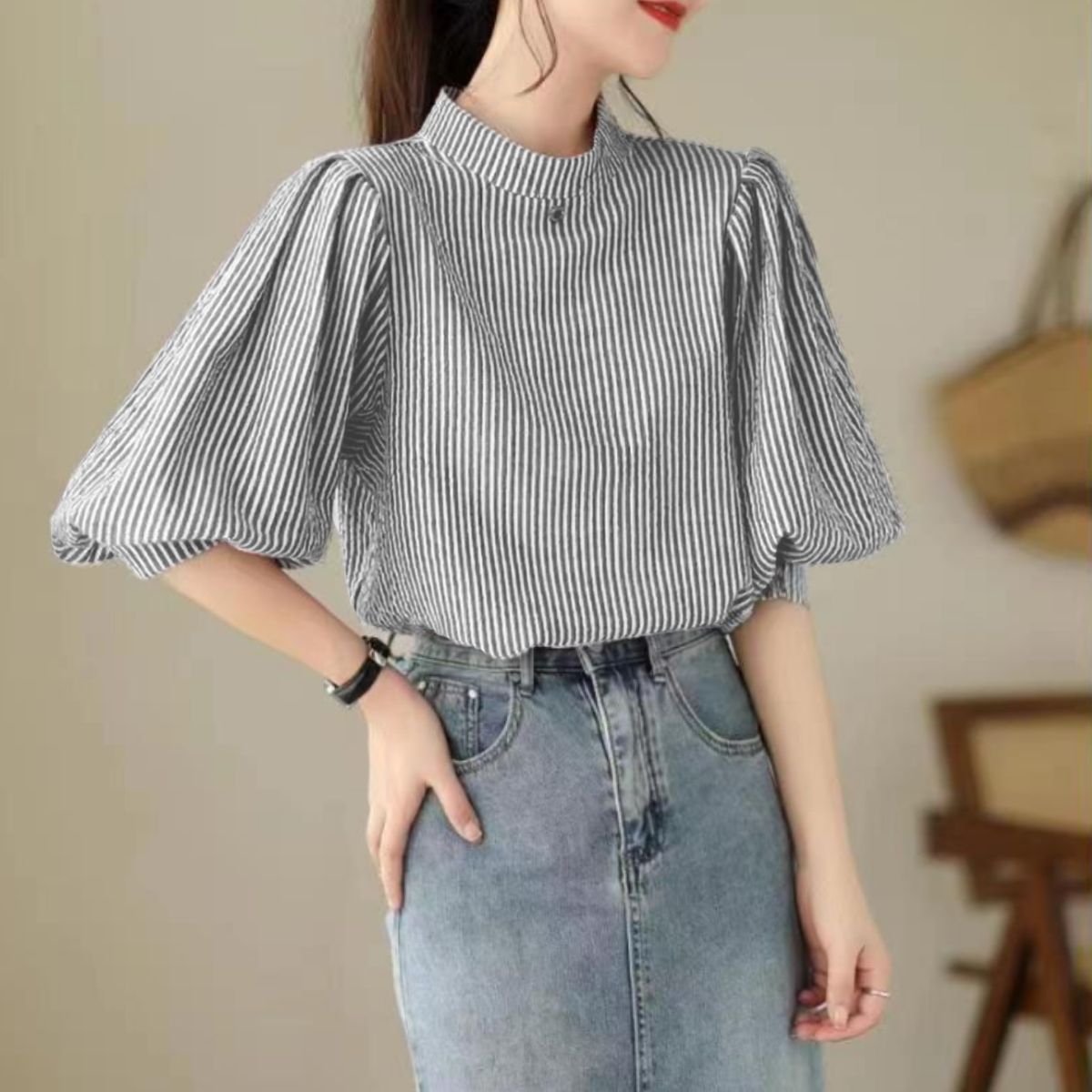 Blouse/パフスリーブストライプブラウス ST/No.22355