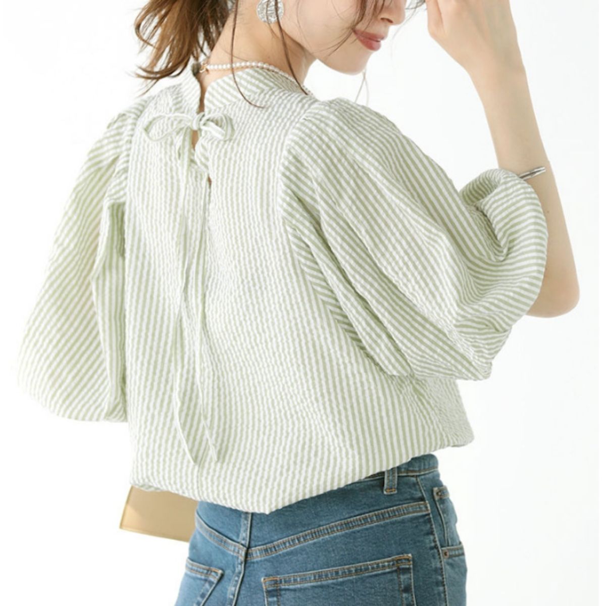 Blouse/パフスリーブストライプブラウス ST/No.22355