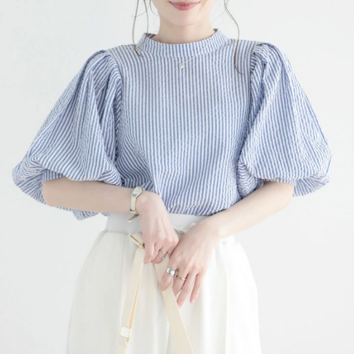 Blouse/パフスリーブストライプブラウス ST/No.22355