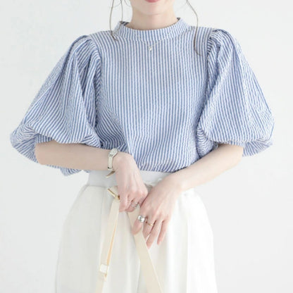 Blouse/パフスリーブストライプブラウス ST/No.22355