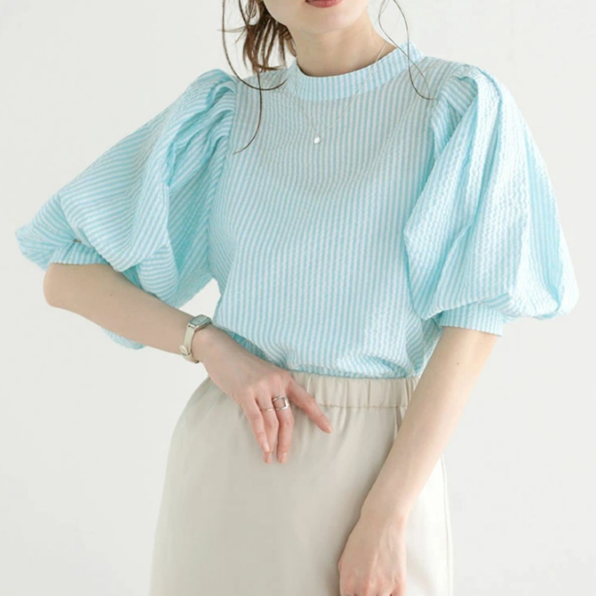 Blouse/パフスリーブストライプブラウス ST/No.22355