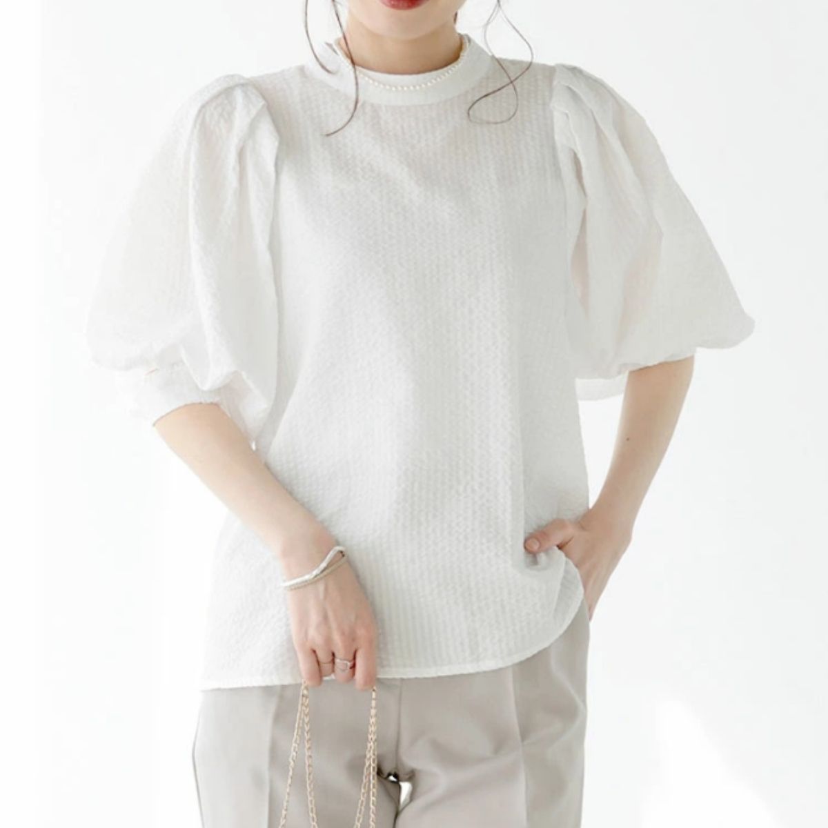 Blouse/パフスリーブストライプブラウス ST/No.22355