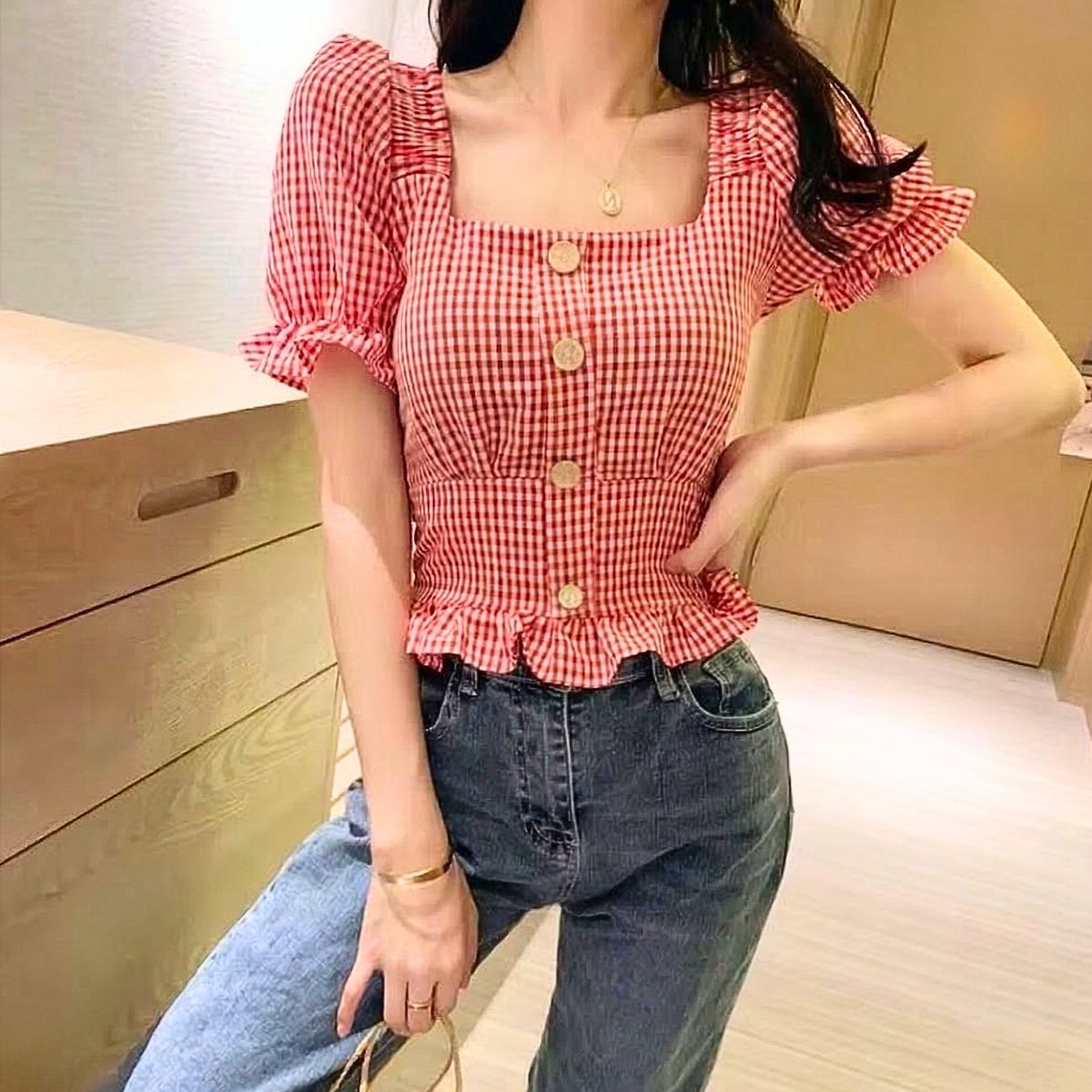Blouse/ギンガムペプラムブラウス ST/No.22357