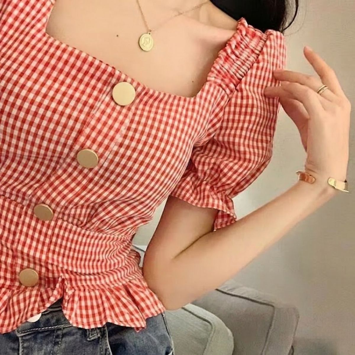 Blouse/ギンガムペプラムブラウス ST/No.22357
