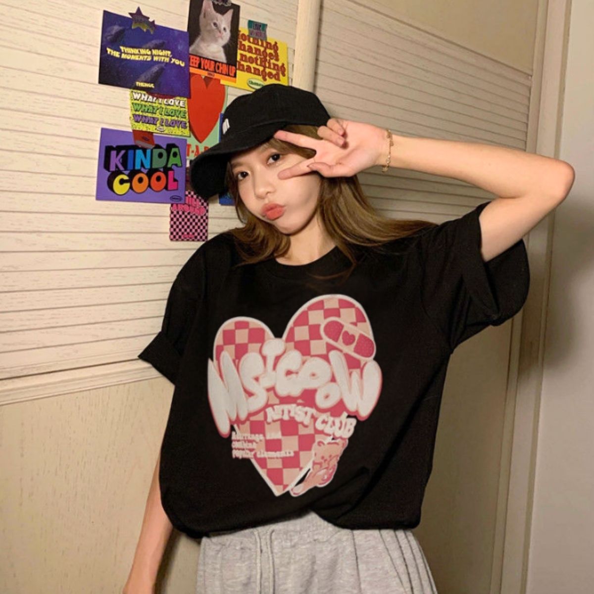 プリントTシャツ ハートロゴ レディース 半袖 ポップ ストリート Y2K