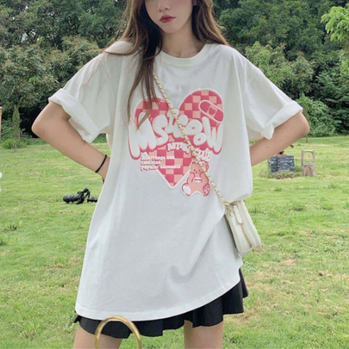 プリントTシャツ ハートロゴ レディース 半袖 ポップ ストリート Y2K