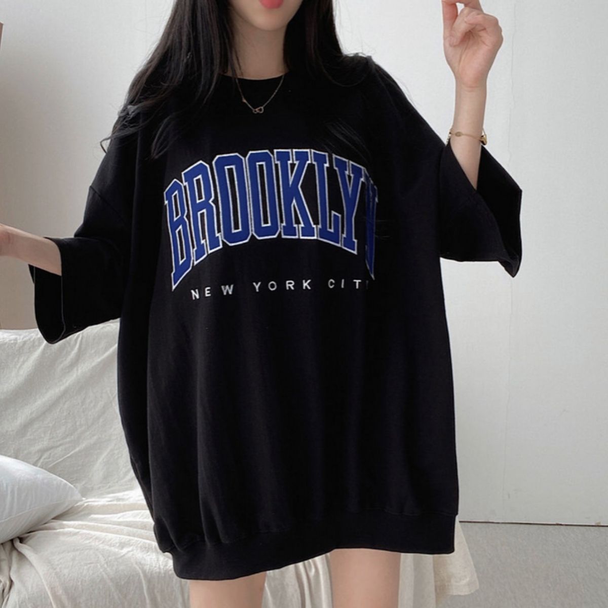 カレッジロゴTシャツ 半袖 ビッグシルエット チュニック 体型カバー レディース 韓国 Belle Cie ST/No.22396