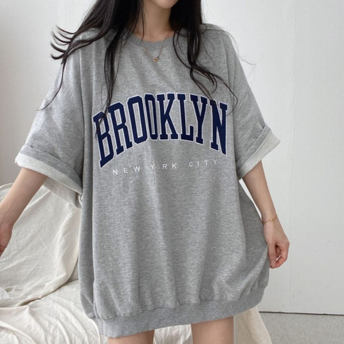 カレッジロゴTシャツ 半袖 ビッグシルエット チュニック 体型カバー レディース 韓国 Belle Cie ST/No.22396