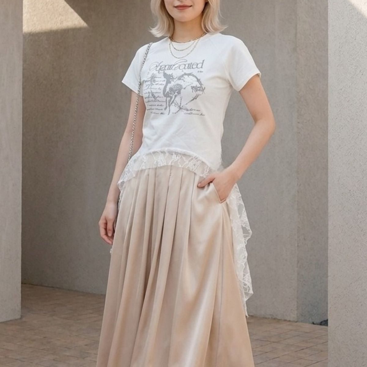 T-Shirts/レースヘムプリントＴシャツ ST/No.22398