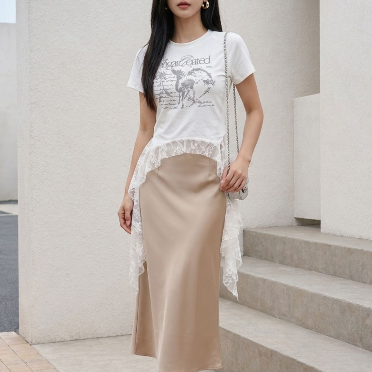 T-Shirts/レースヘムプリントＴシャツ ST/No.22398