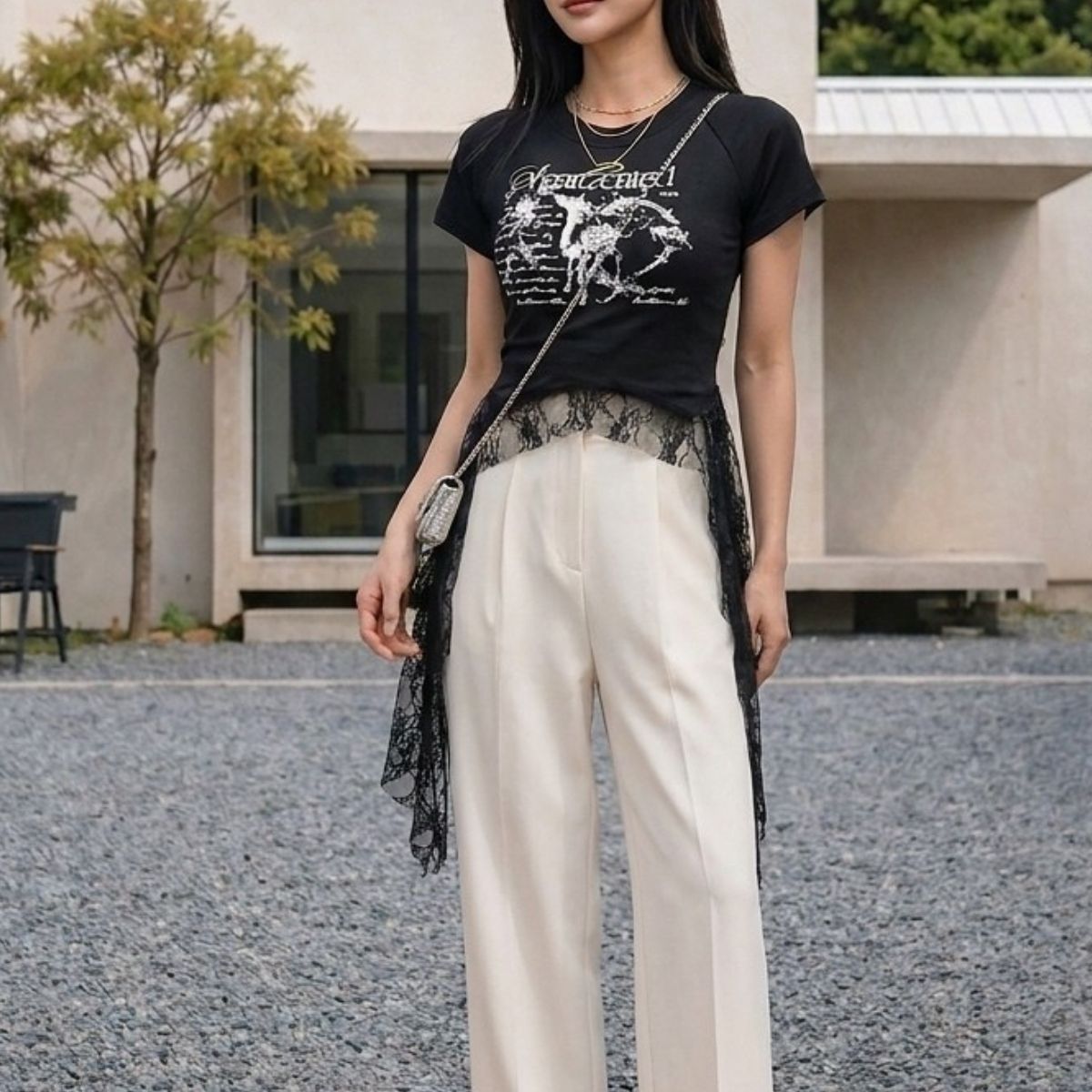 T-Shirts/レースヘムプリントＴシャツ ST/No.22398