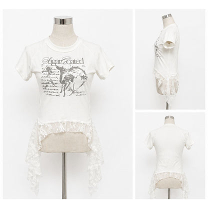 T-Shirts/レースヘムプリントＴシャツ ST/No.22398