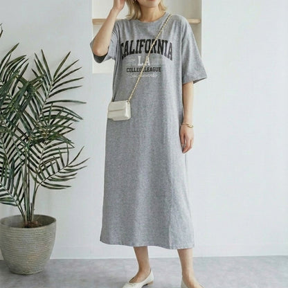 カレッジロゴマキシワンピース ロングTシャツワンピ 半袖 ゆったり オーバーサイズ 黒 レディース 韓国 Belle Cie ST/No.22403