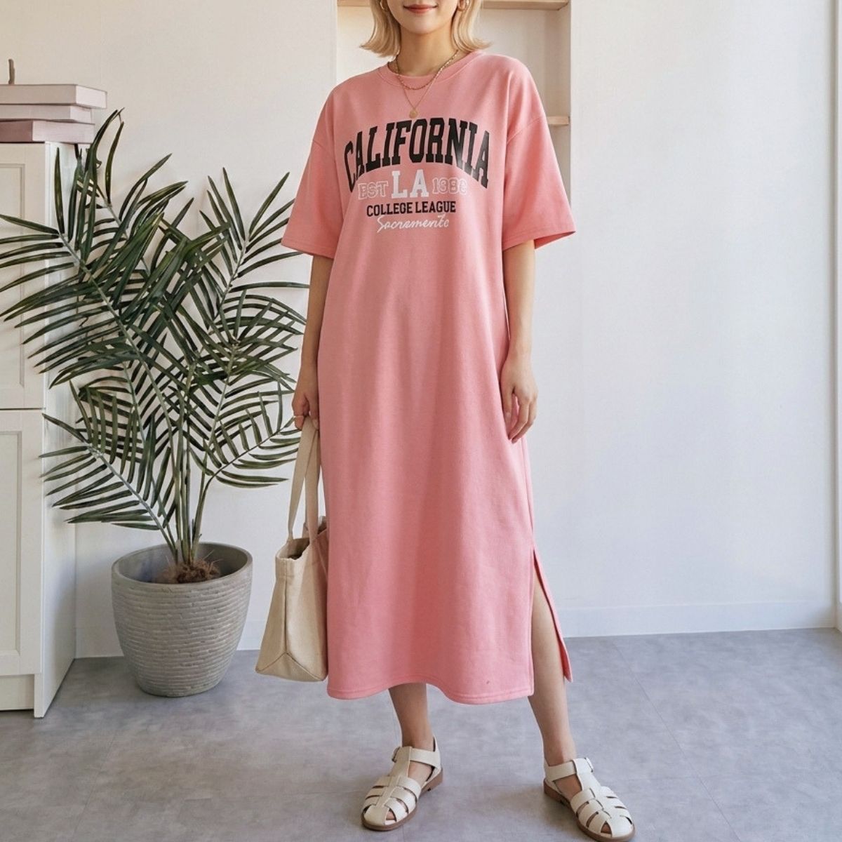 カレッジロゴマキシワンピース ロングTシャツワンピ 半袖 ゆったり オーバーサイズ 黒 レディース 韓国 Belle Cie ST/No.22403