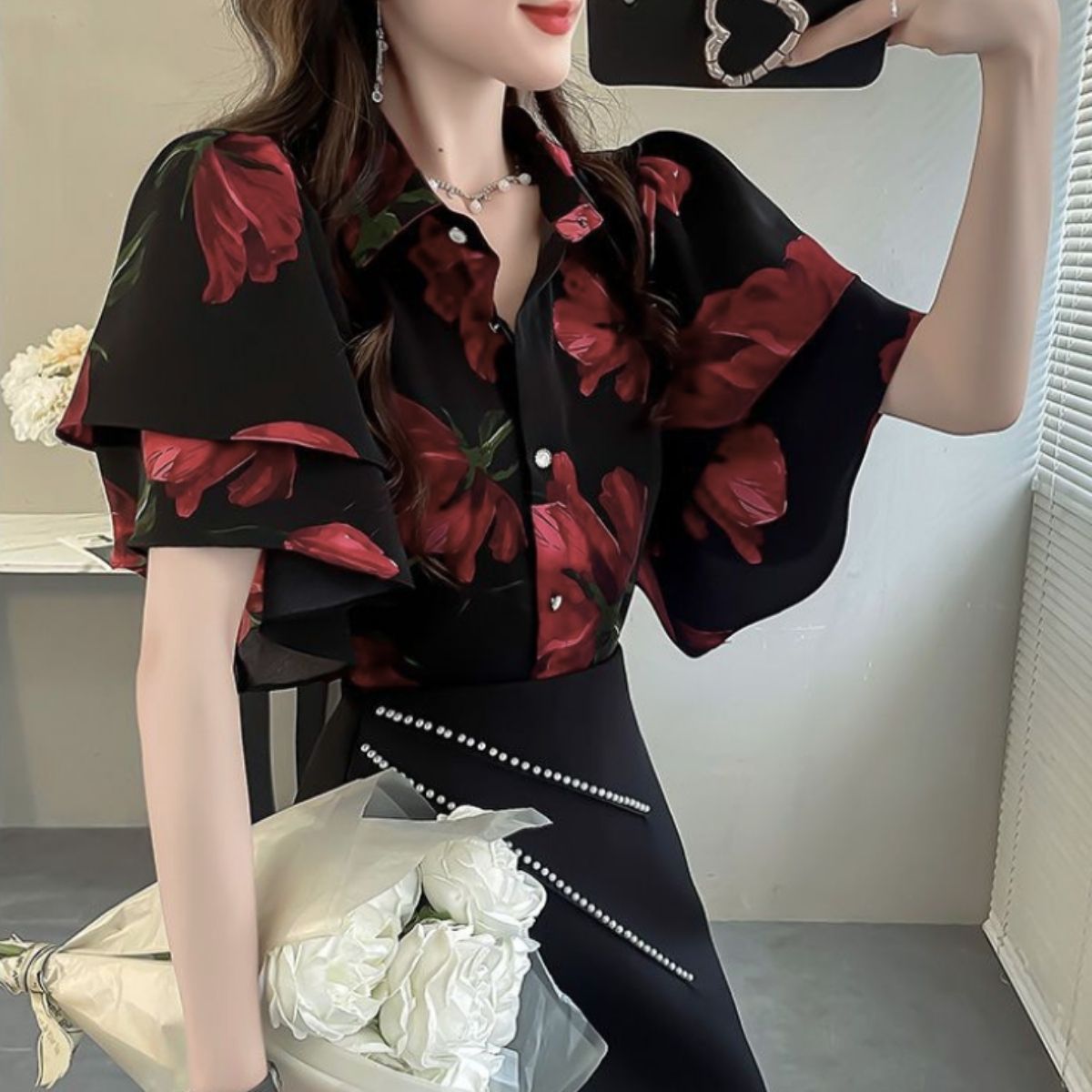 Shirts/フレア袖総柄ブラウス ST/No.22415