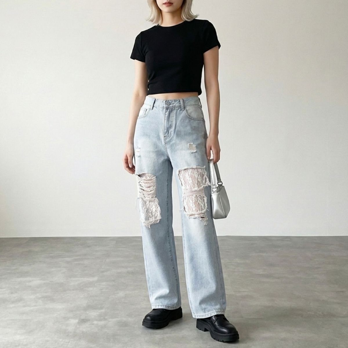 Pants/ダメージレースデニムパンツ ST/No.22486