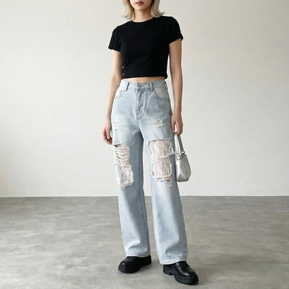 Pants/ダメージレースデニムパンツ ST/No.22486