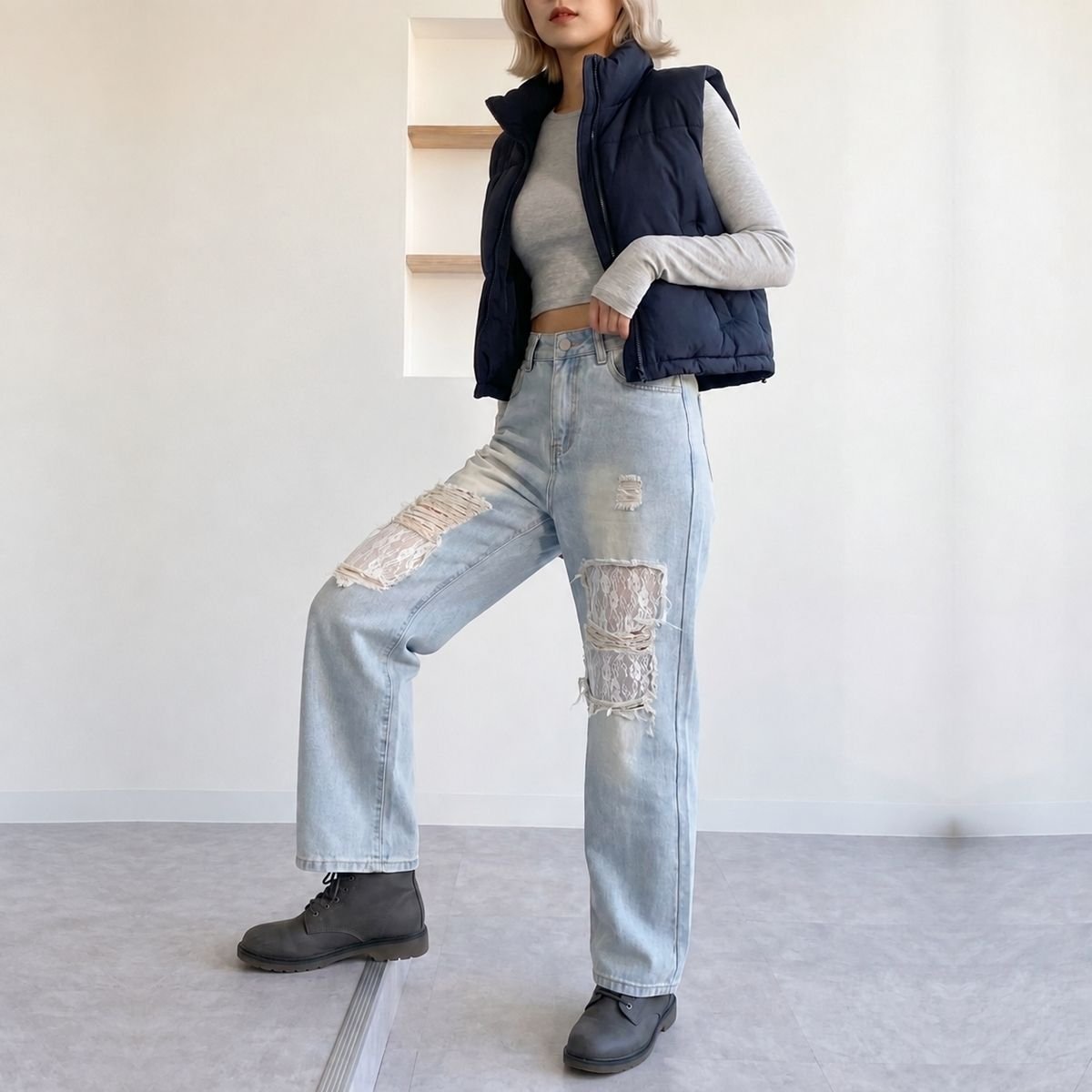 Pants/ダメージレースデニムパンツ ST/No.22486
