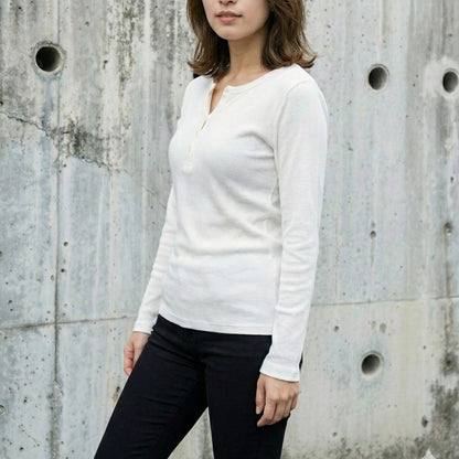 ヘンリーネックTシャツ レディース リブニット テレコ 長袖 ストレッチ シンプル 韓国ファッション Belle Cie ST/No.27430