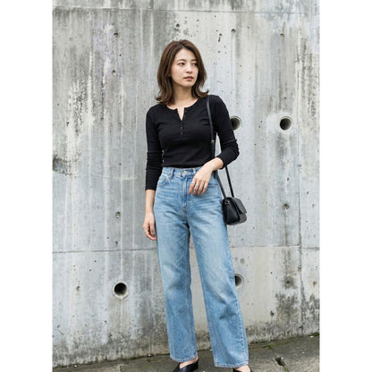 ヘンリーネックTシャツ レディース リブニット テレコ 長袖 ストレッチ シンプル 韓国ファッション Belle Cie ST/No.27430